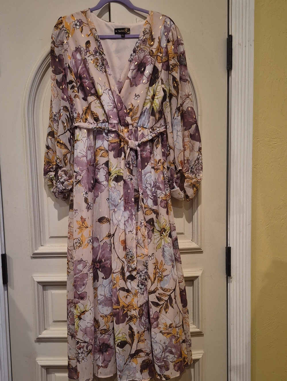 SC SOCIETY Floral Wrap Maxi Dress with Puff Sleeves - Purple & Cream With Gold